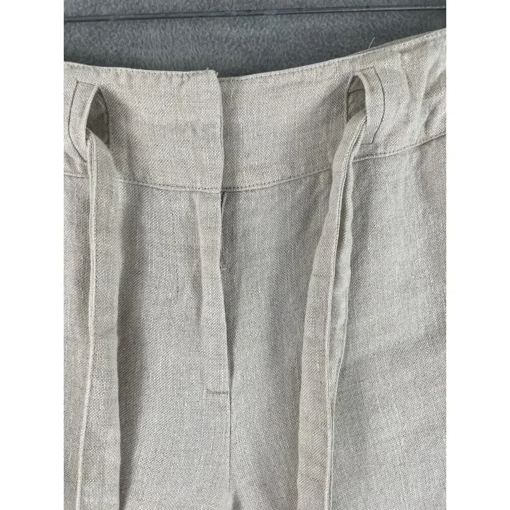 Talbots Petites 14P Pure Irish Linen Beige Cropped Wide Leg Capri Belted Pants